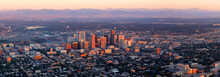 Sunrise On Denver Panorama.  This Is A 6 Image Stitched Panorama Of The Downtown Denver Colorado Area At Sunrise.