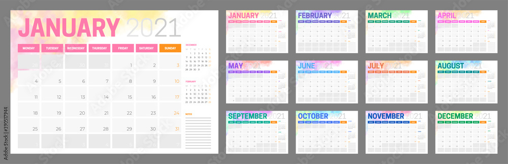 Colorful 2021 Calendar Design with Different Color for Every Month - obrazy, fototapety, plakaty 