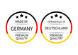Made in Germany round labels in English and in German languages . Quality mark vector icon. Perfect for logo design, tags, badges, stickers, emblem, product package, etc