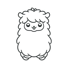 Happy fluffy alpaca, sheep, llama animal cartoon outline. Easy fun coloring book page activity worksheet for kids children. Simple flat black and white vector illustration design. 