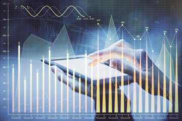 Double exposure of forex chart sketch hologram and woman holding and using a mobile device. Financial market concept.