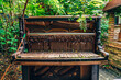 Abandoned gran piano covered with grass, rundown piano by a river bank Vilnia river in Uzupis artists quarter in Vilnius