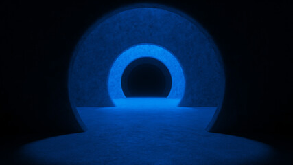 Abstract illuminated empty corridor interior made of gray concrete. Glowing blue lines with shadow, neon light rays. Hallway arch tunnel corridor on dark background. 3d rendering