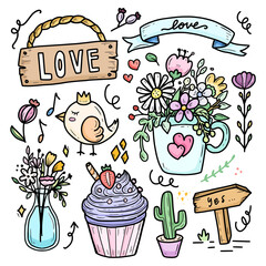 Poster - Cute romantic flower in the cup for wedding doodle icon