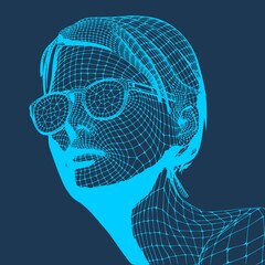 Head of the person from a 3d grid. Human head wire model. 3D geometric face design. Polygonal covering skin.