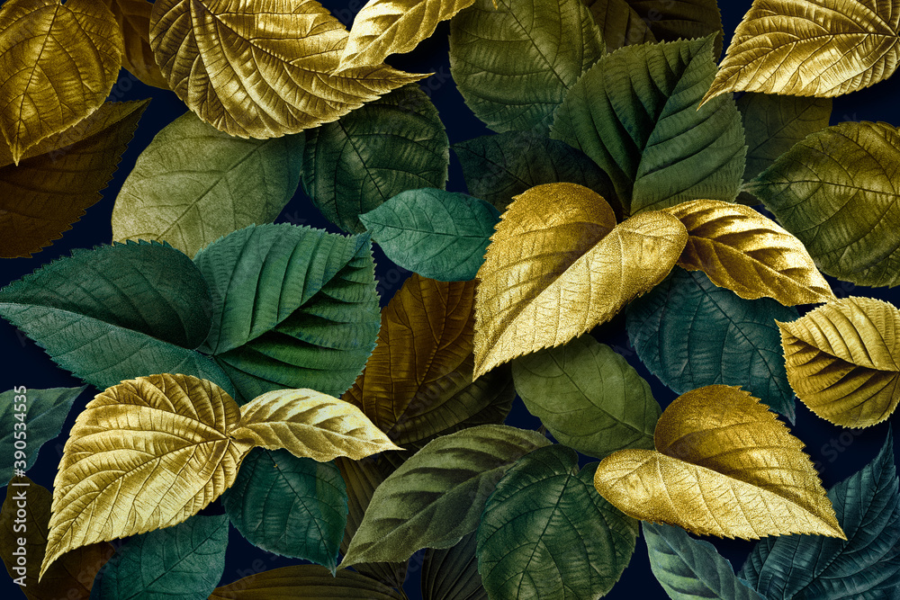 Metallic gold and green leaves textured background - obrazy, fototapety, plakaty 