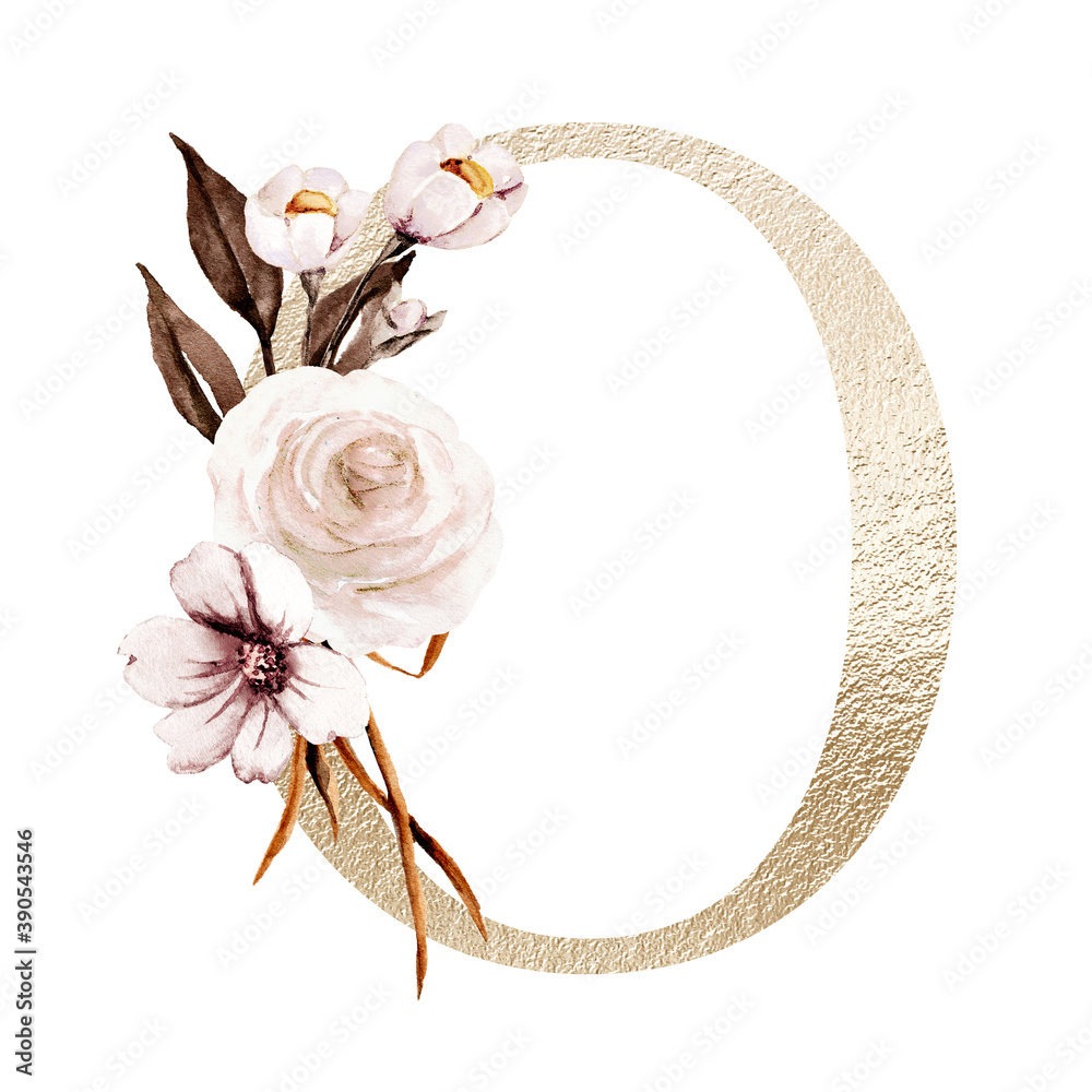 Golden letter o with watercolor flowers and leaf. Floral alphabet ...