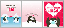 Set Of Love And Hug Themed Card Designs With Cute Penguins. Adorable Penguins Wearing Masks. For Valentine's Day Cards, Posters, Banners, Flyers, Etc.