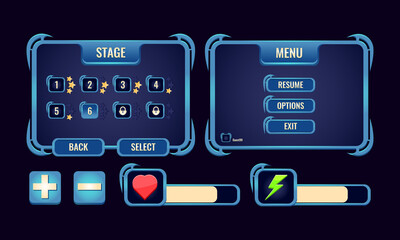 Wall Mural - set of rpg game ui board pop up with level selection, main screen, and bar for gui asset elements ve