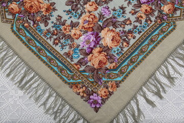 Wall Mural - Ancient traditional national russian Pavlovo Posad shawl. Russian folk, retro style in fashion. Stylish Pavlovoposadsky, Pavloposadsky shawl, scarf