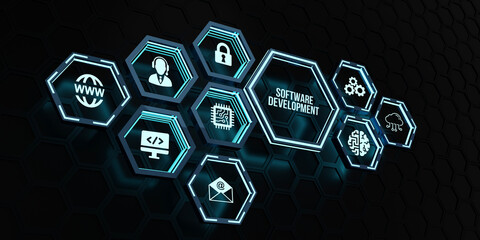 Internet, business, Technology and network concept. Inscription Software Development on the virtual display.