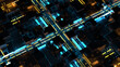© Alexey Brin - 3d render of technology background with bright lines. Data or artificial intelligence computing concept. Blue and yellow glow lines.