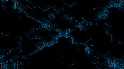 Fototapete - Technology background with glowing blue square forms. Abstract 3d render.