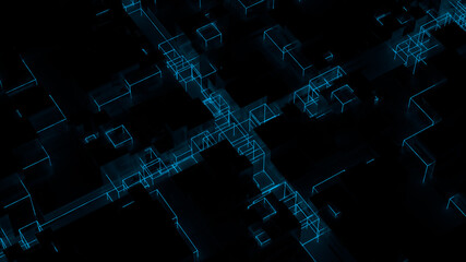 Fototapete - Technology background with glowing blue square forms. Abstract 3d render.