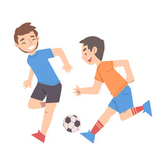 Sticker - Two Boys Playing Soccer, Kid Doing Sports, Summer Outdoor Activities Cartoon Style Vector Illustration