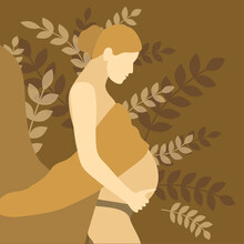 Silhouette Off A Pregnant Woman Who Lovingly Holds Her Belly On A Floral Background. Maternity Concept