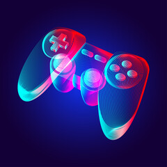 Gamepad - abstract retro game console controller. Outline vector illustration of wireless video game joystick in 3d line art style on neon abstract background