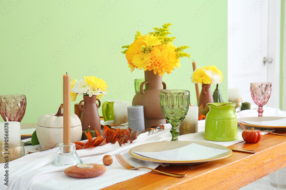 Beautiful table setting for Thanksgiving Day celebration in dining room