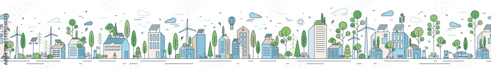 Vector horizontal line art illustration of eco cityscape with alternative energy. Seamless pattern with environmentally friendly city with roof greening, solar panels and windmills - obrazy, fototapety, plakaty 