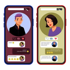 Online dating app on two phones. Two happy women chatting in social network. Finding soulmate concept vector illustration. Conversation with text messages, emoji via internet