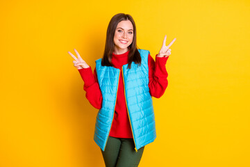 Sticker - Photo of charming attractive girl have enjoy autumn fall holiday make v-sign wear season good look clothes pants isolated over shine color background