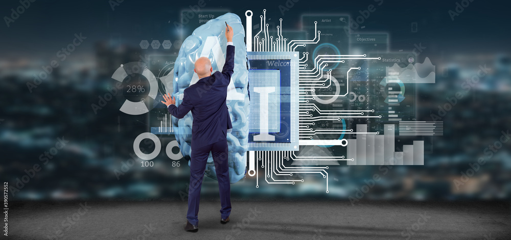 Businessman in front of a wall with Artificial intelligence icon with ...