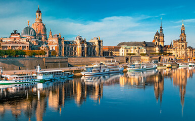 Wall Mural - Amazing Dresden city skyline at Elbe river and Augustus bridge at sunrise, Dresden, Saxony, Germany