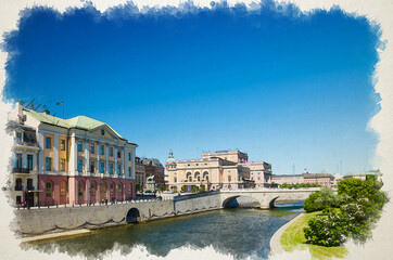 Watercolor drawing of Royal Swedish Opera house Kungliga Operan building across bridge with green bushes and grass lawn, clear summer day with blue sky in historical centre, Sweden, Stockholm