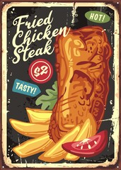 Wall Mural - Fried chicken steak retro sign menu. Breaded chicken breast vector sign template. Retro restaurant ad illustration.