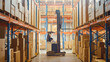 © Gorodenkoff - Retail Warehouse full of Shelves with Goods: Electric Forklift Truck Operator Lifting Pallet with Cardboard Box on a Shelf. Working in Logistics Storehouse Product Logistics and Delivery Center