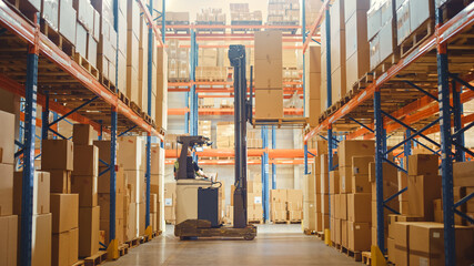 Wall Mural - Retail Warehouse full of Shelves with Goods: Electric Forklift Truck Operator Lifted Pallet with Cardboard Box on a Shelf. Working in Logistics Storehouse Product Logistics and Delivery Center