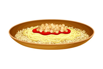 Kushari or Rice Mixed with Pasta and Lentils as Egyptian Dish Vector Illustration