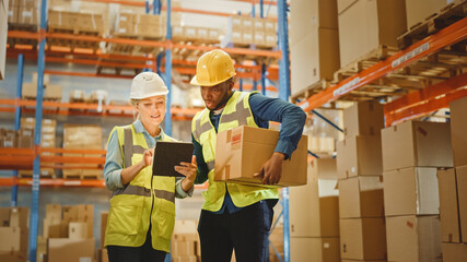 Retail Warehouse full of Shelves with Goods in Cardboard Boxes, Male and Female Supervisors Use Digital Tablet Discuss Product Delivery. Forklift Working in Logistics Storehouse