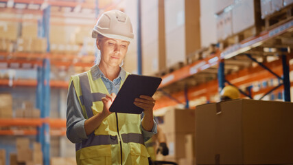 Wall Mural - Professional Female Worker Wearing Hard Hat Checks Stock and Inventory with Digital Tablet Computer in the Retail Warehouse full of Shelves with Goods. Working in Logistics, Distribution Center 