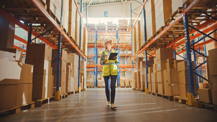 Wall Mural - Professional Female Worker Wearing Hard Hat Checks Stock and Inventory with Digital Tablet Computer Walks in the Retail Warehouse full of Shelves with Goods. Working in Delivery, Distribution Center 