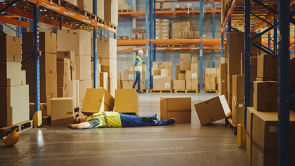 Wall Mural - shot of a warehouse worker has work related accident. he is falling down beforetrying to pick up hea