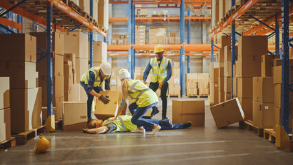 Wall Mural - warehouse worker has work related accident falls while trying to pick up cardboard box from the shel