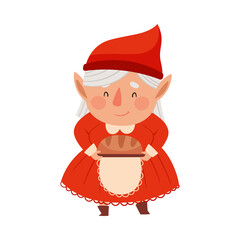 Sticker - Cute Female Gnome Character in Red Dress and Pointed Hat Holding Baked Bread Vector Illustration