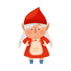 Wall Mural - Cute Female Gnome Character in Red Dress and Pointed Hat Standing Vector Illustration