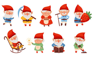 Sticker - Fantastic Male and Female Gnome Character with Red Pointed Hat Vector Illustration Set