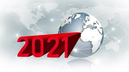 Poster - Year change 2021 - abstract text animation - earth globe in front of world map background and satellite rings - movement of the red year digits to change them