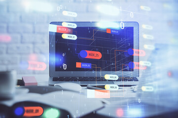 multi exposure of desktop computer and technology theme hologram. concept of software development.