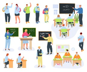 Wall Mural - Teacher, children in school, education, lessons set of vector illustrations. Little students and man teaching. Classroom with green chalkboard, teachers desk, pupils tables and chairs.