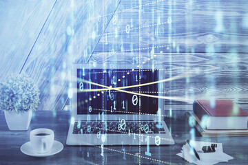 double exposure of desktop computer and technology theme hologram. concept of software development.