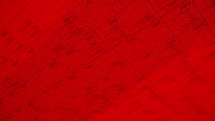 Poster - Big table with a lot of numerical data in diagonal motion. Animation. Business information, analysis of data and different indicators on bright red background, seamless loop.