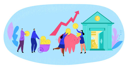 Wall Mural - Money saving, finances, people bringing money to bank vector illustration. Happy businessman invest gold coins into piggy bank. Earnings and currency cash. Finances, income.