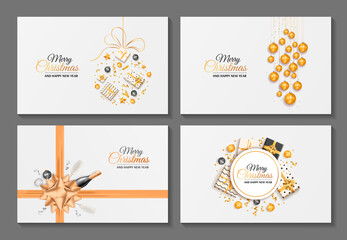 Canvas Print - Set of Merry Christmas and Happy New Year greeting cards. White, black and golden collors. Gifts, Christmas balls, ribbons, bow, Champagne. Vector illustration for poster, banner, card, postcard.