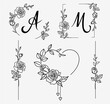 Set of decorative frame and border elements with roses for wedding design. Hand drawn sketch. Vector illustration.