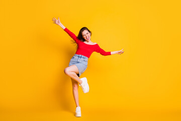 Canvas Print - Full length body photo portrait of oretty crazy cheerful lovely nice glad positive optimistic lady having fun time isolated over bright color yellow background