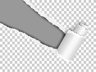 Wall Mural - Torn, snatched window placed diagonally from upper left corner in transparent paper with paper curl. Dark gray background of the resulting hole. Vector template paper design.